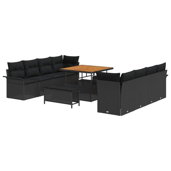 11-teiliges Garten-Sofa-Set mit Kissen Schwarz Poly-Rattan Akazie, 2-Sitzer Garten-Sofa mit Stauraum & Kissen Schwarz Poly-Rattan, 3-teiliges Garten-Ess-Set mit Kissen Schwarz Poly-Rattan Akazie
