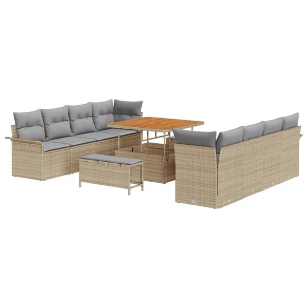 11-teiliges Garten Sofa Set mit Kissen Beige Poly Rattan Akazie, 2-Sitzer Garten Sofa mit Stauraum und Kissen Beige Poly Rattan, 3-teiliges Garten Esszimmer Set mit Kissen Beige Poly Rattan Akazie