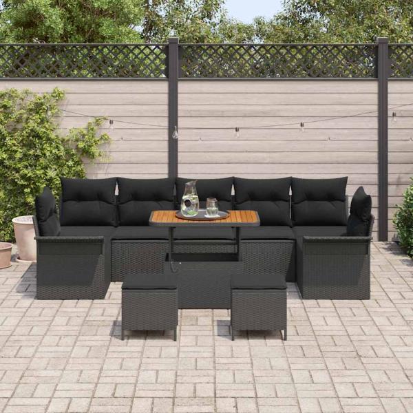 10-teiliges Garten Sofa Set mit Kissen Schwarz Poly Rattan Akazie, 2-Sitzer Garten Sofa mit Stauraum & Kissen Schwarz Poly Rattan, 3-teiliges Garten Esstisch Set mit Kissen Schwarz Poly Rattan Akazie