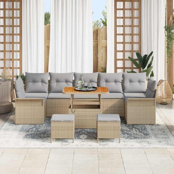 10-teiliges Garten Sofa Set mit Kissen Beiges Poly Rattan Akazie, 2-Sitzer Garten Sofa mit Stauraum & Kissen Beiges Poly Rattan, 3-teiliges Garten Essset mit Kissen Beiges Poly Rattan Akazie