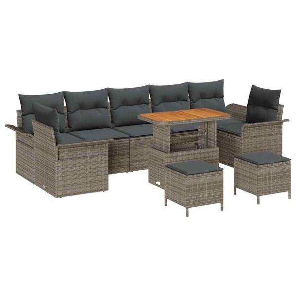 10-teiliges Garten Sofa Set mit Kissen Grau Poly Rattan Akazie, 2-Sitzer Garten Sofa mit Stauraum & Kissen Grau Poly Rattan, 3-teiliges Garten Esstisch Set mit Kissen Grau Poly Rattan Akazie