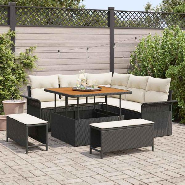 ARDEBO.de - 8-teiliges Garten Sofa Set mit Kissen Schwarz Poly Rattan Akazie, 2-Sitzer Garten Sofa mit Stauraum & Kissen Schwarz Poly Rattan, 3-teiliges Garten Essset mit Kissen Schwarz Poly Rattan Akazie