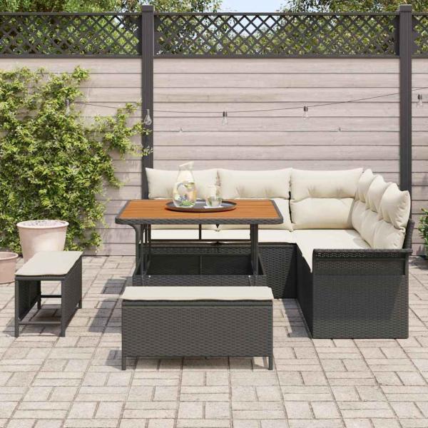 8-teiliges Garten Sofa Set mit Kissen Schwarz Poly Rattan Akazie, 2-Sitzer Garten Sofa mit Stauraum & Kissen Schwarz Poly Rattan, 3-teiliges Garten Essset mit Kissen Schwarz Poly Rattan Akazie