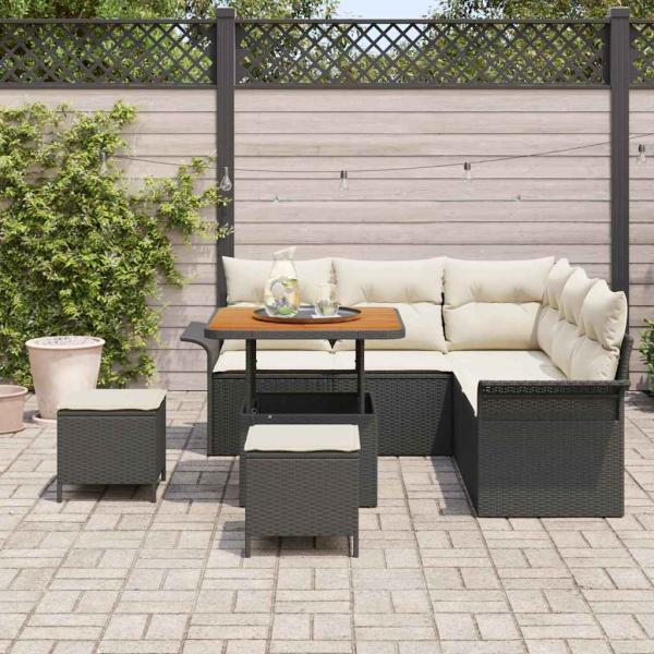 8-teiliges Garten Sofa Set mit Kissen Schwarz Poly Rattan Akazie, 2-Sitzer Garten Sofa mit Stauraum & Kissen Schwarz Poly Rattan, 3-teiliges Garten Essenset mit Kissen Schwarz Poly Rattan Akazie