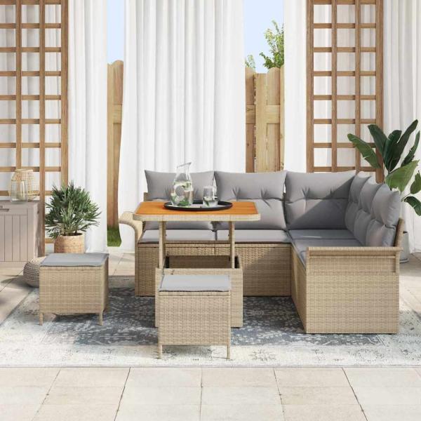 ARDEBO.de - 8-teiliges Garten-Sofaset mit Kissen Beige Poly-Rattan Akazie, 2-Sitzer Garten-Sofa mit Stauraum & Kissen Beige Poly-Rattan, 3-teiliges Garten-Ess-Set mit Kissen Beige Poly-Rattan Akazie