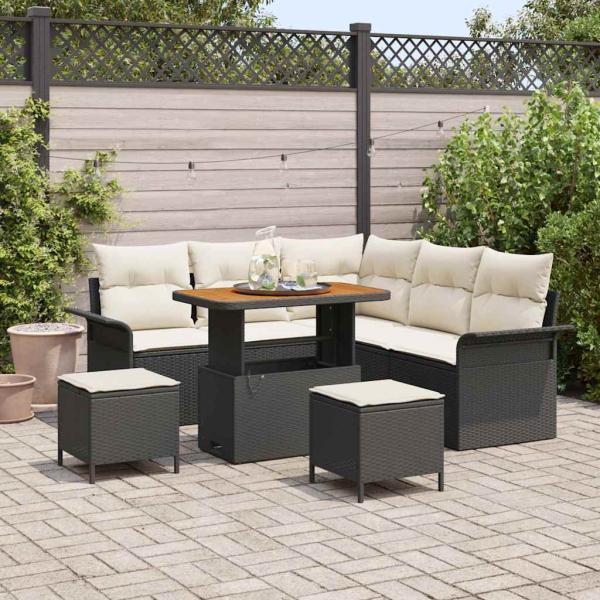 ARDEBO.de - 8-teiliges Garten-Sofaset mit Kissen Schwarz Poly-Rattan Akazie, 2-Sitzer Garten-Sofa mit Stauraum & Kissen Schwarz Poly-Rattan, 3-teiliges Garten-Ess-Set mit Kissen Schwarz Poly-Rattan Akazie