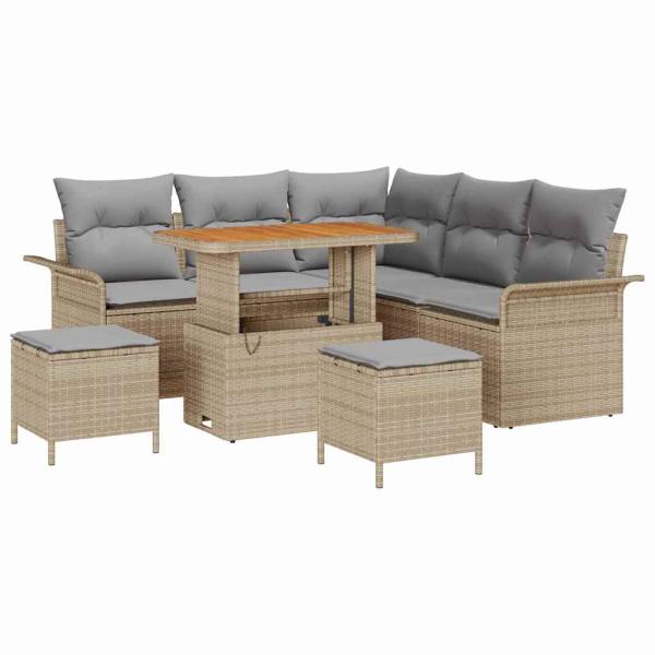 ARDEBO.de - 8-teiliges Garten Sofa Set mit Kissen Beige Poly Rattan Akazie, 2-Sitzer Garten Sofa mit Stauraum & Kissen Beige Poly Rattan, 3-teiliges Garten Essset mit Kissen Beige Poly Rattan Akazie