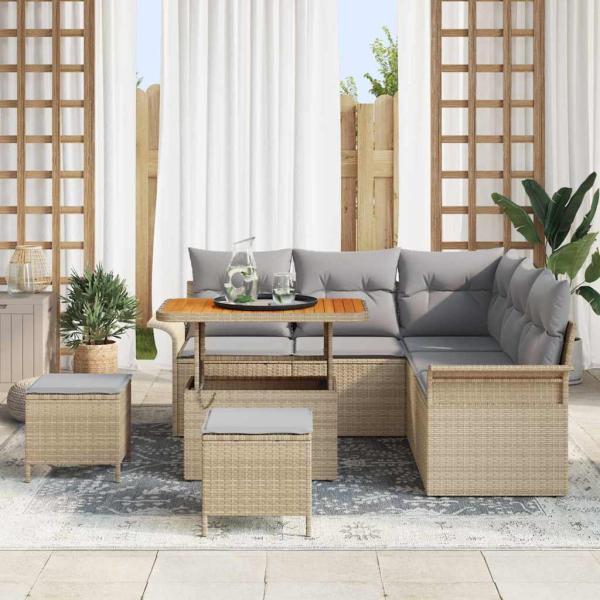 8-teiliges Garten Sofa Set mit Kissen Beige Poly Rattan Akazie, 2-Sitzer Garten Sofa mit Stauraum & Kissen Beige Poly Rattan, 3-teiliges Garten Essset mit Kissen Beige Poly Rattan Akazie