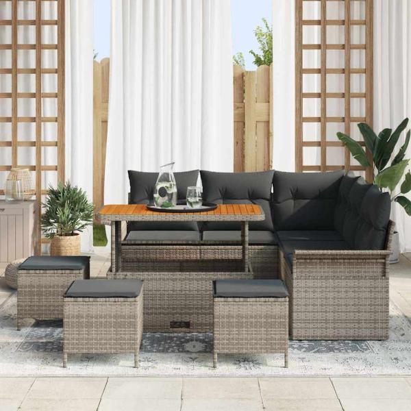 9-Teiliges Garten Sofa Set mit Kissen Grau Poly Rattan Akazie, 2-Sitzer Garten Sofa mit Stauraum & Kissen Grau Poly Rattan, 4-Teiliges Garten Esszimmer Set mit Kissen Grau Poly Rattan Akazie