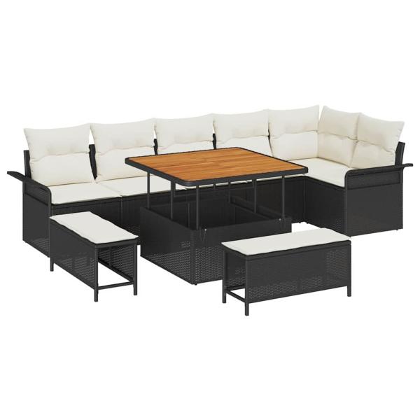 9-teiliges Garten-Sofa Set mit Kissen Schwarz Poly Rattan Akazie, 2-Sitzer Garten-Sofa mit Stauraum & Kissen Schwarz Poly Rattan, 3-teiliges Garten-Dining-Set mit Kissen Schwarz Poly Rattan Akazie