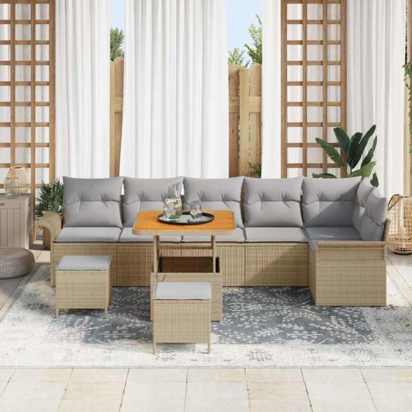 9-teiliges Garten Sofa Set mit Kissen Beige Poly Rattan Akazie, 2-Sitzer Garten Sofa mit Stauraum & Kissen Beige Poly Rattan, 3-teiliges Garten Essenset mit Kissen Beige Poly Rattan Akazie