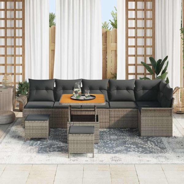 9-teiliges Garten Sofa Set mit Kissen Grau Poly Rattan Akazie, 2-Sitzer Garten Sofa mit Stauraum und Kissen Grau Poly Rattan, 3-teiliges Garten Essset mit Kissen Grau Poly Rattan Akazie