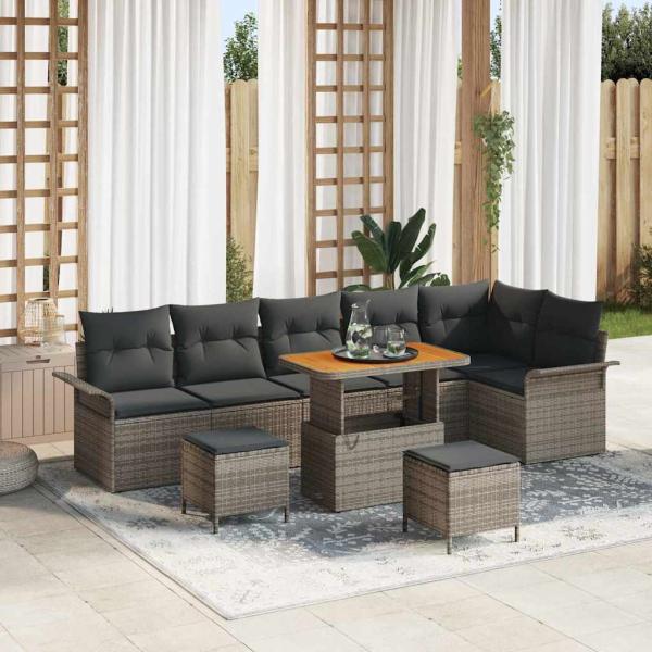 ARDEBO.de - 9-teiliges Garten Sofa Set mit Kissen grau Poly Rattan, 2-Sitzer Garten Sofa mit Stauraum & Kissen grau Poly Rattan, 3-teiliges Garten Essset mit Kissen grau Poly Rattan
