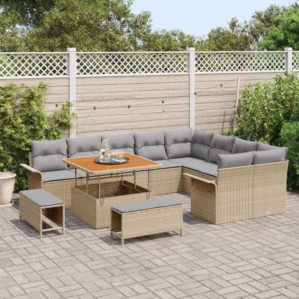 12-teiliges Garten Sofa Set mit Kissen Beige Poly-Rattan Akazie, 2-Sitzer Garten Sofa mit Stauraum & Kissen Beige Poly-Rattan, 3-teiliges Garten Esstisch Set mit Kissen Beige Poly-Rattan Akazie