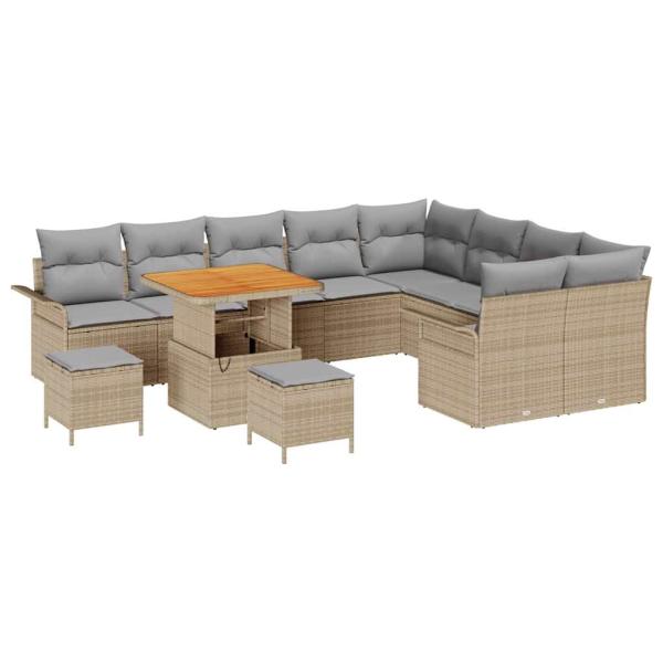 12-teiliges Garten Sofaset mit Kissen Beige Poly-Rattan Akazie, 2-Sitzer Garten Sofa mit Stauraum & Kissen Beige Poly-Rattan, 3-teiliges Garten Essset mit Kissen Beige Poly-Rattan Akazie