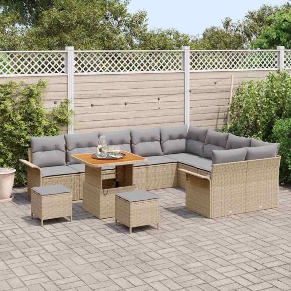 12-teiliges Garten Sofaset mit Kissen Beige Poly-Rattan Akazie, 2-Sitzer Garten Sofa mit Stauraum & Kissen Beige Poly-Rattan, 3-teiliges Garten Essset mit Kissen Beige Poly-Rattan Akazie