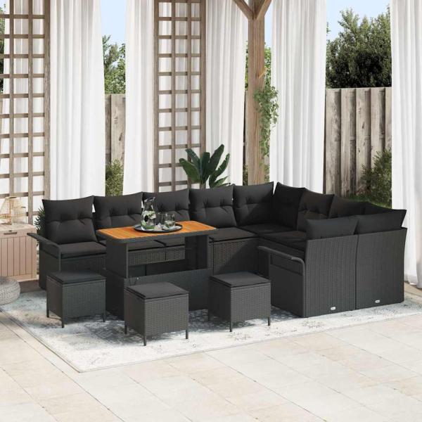 ARDEBO.de - 13-teiliges Garten Sofa Set mit Kissen Schwarz Poly-Rattan Akazie, 2-Sitzer Garten Sofa mit Stauraum & Kissen Schwarz Poly-Rattan, 4-teiliges Garten Essset mit Kissen Schwarz Poly-Rattan Akazie