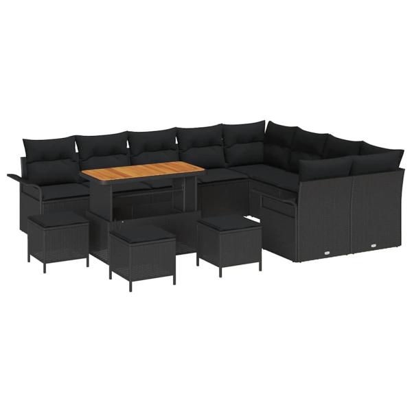 13-teiliges Garten Sofa Set mit Kissen Schwarz Poly-Rattan Akazie, 2-Sitzer Garten Sofa mit Stauraum & Kissen Schwarz Poly-Rattan, 4-teiliges Garten Essset mit Kissen Schwarz Poly-Rattan Akazie