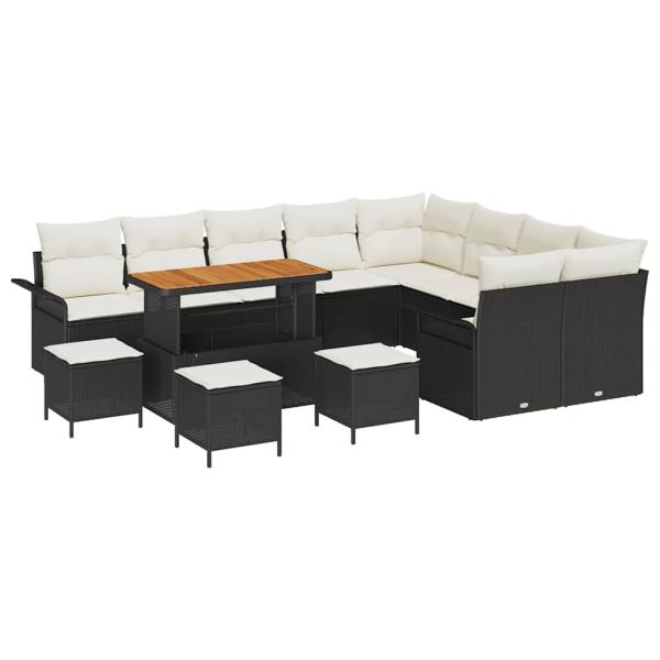 13-teilige Garten-Sofa-Set mit Kissen Schwarz Polyrattan Akazie, 2-Sitzer Garten-Sofa mit Stauraum & Kissen Schwarz Polyrattan, 4-teiliges Garten-Ess-Set mit Kissen Schwarz Polyrattan Akazie