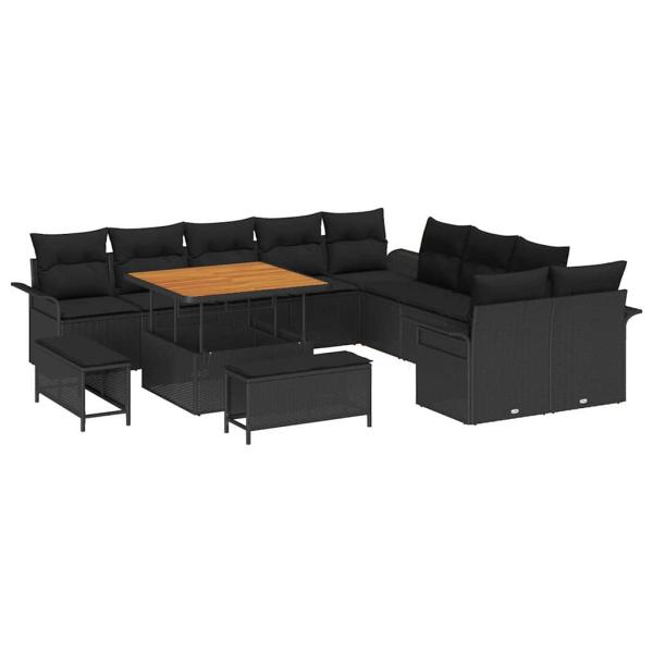 13-teiliges Garten-Sofa-Set mit Kissen Schwarz Poly Rattan Akazie, 2-Sitzer Garten-Sofa mit Stauraum & Kissen Schwarz Poly Rattan, 3-teiliges Garten-Dining-Set mit Kissen Schwarz Poly Rattan Akazie