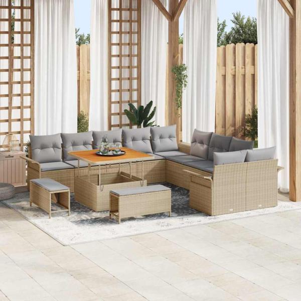 ARDEBO.de - 13-teiliges Garten Sofa Set mit Kissen Beige Poly Rattan Akazie, 2-Sitzer Garten Sofa mit Stauraum & Kissen Beige Poly Rattan, 3-teiliges Garten Esszimmer Set mit Kissen Beige Poly Rattan Akazie