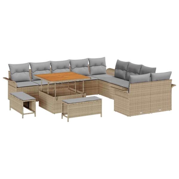 13-teiliges Garten Sofa Set mit Kissen Beige Poly Rattan Akazie, 2-Sitzer Garten Sofa mit Stauraum & Kissen Beige Poly Rattan, 3-teiliges Garten Esszimmer Set mit Kissen Beige Poly Rattan Akazie