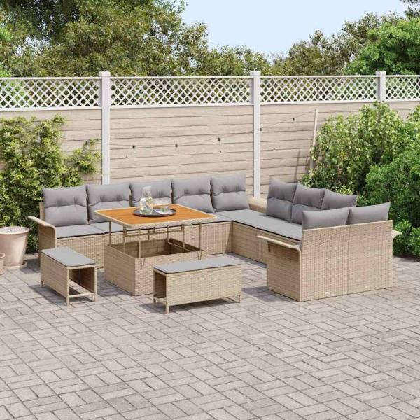13-teiliges Garten Sofa Set mit Kissen Beige Poly Rattan Akazie, 2-Sitzer Garten Sofa mit Stauraum & Kissen Beige Poly Rattan, 3-teiliges Garten Esszimmer Set mit Kissen Beige Poly Rattan Akazie