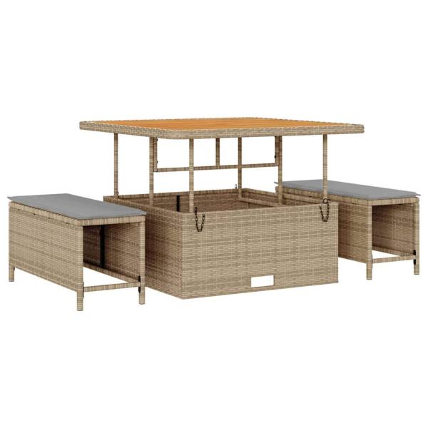 13-teiliges Garten Sofa Set mit Kissen Beige Poly Rattan Akazie, 2-Sitzer Garten Sofa mit Stauraum & Kissen Beige Poly Rattan, 3-teiliges Garten Esszimmer Set mit Kissen Beige Poly Rattan Akazie