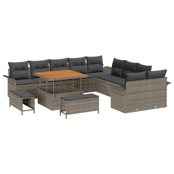 13-teiliges Garten Sofa Set mit Kissen Grau Poly Rattan Akazie, 2-Sitzer Garten Sofa mit Stauraum & Kissen Grau Poly Rattan, 3-teiliges Garten Essset mit Kissen Grau Poly Rattan Akazie