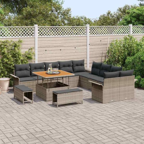 13-teiliges Garten Sofa Set mit Kissen Grau Poly Rattan Akazie, 2-Sitzer Garten Sofa mit Stauraum & Kissen Grau Poly Rattan, 3-teiliges Garten Essset mit Kissen Grau Poly Rattan Akazie
