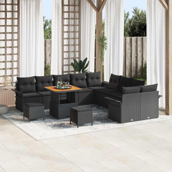 ARDEBO.de - 13-teiliges Garten Sofa Set mit Kissen Schwarz Poly Rattan Akazie, 2-Sitzer Garten Sofa mit Stauraum & Kissen Schwarz Poly Rattan, 3-teiliges Garten Essset mit Kissen Schwarz Poly Rattan Akazie