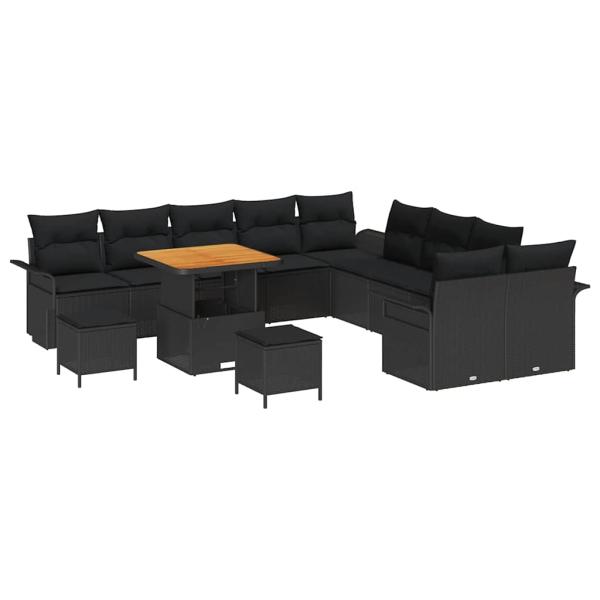13-teiliges Garten Sofa Set mit Kissen Schwarz Poly Rattan Akazie, 2-Sitzer Garten Sofa mit Stauraum & Kissen Schwarz Poly Rattan, 3-teiliges Garten Essset mit Kissen Schwarz Poly Rattan Akazie