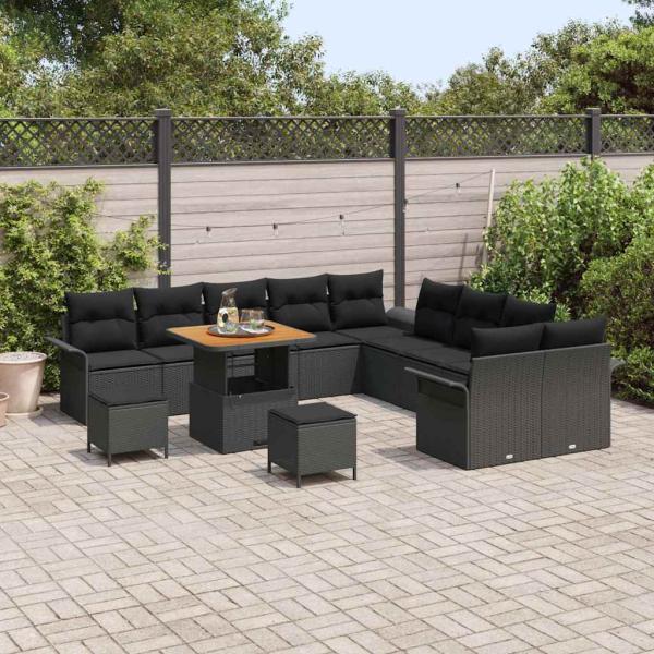 13-teiliges Garten Sofa Set mit Kissen Schwarz Poly Rattan Akazie, 2-Sitzer Garten Sofa mit Stauraum & Kissen Schwarz Poly Rattan, 3-teiliges Garten Essset mit Kissen Schwarz Poly Rattan Akazie