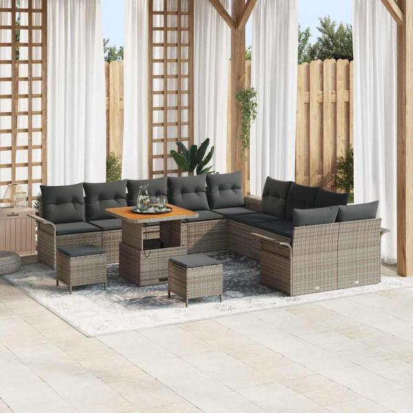 ARDEBO.de - 13-teiliges Garten Sofa Set mit Kissen Grau Poly Rattan Akazie, 2-Sitzer Garten Sofa mit Stauraum & Kissen Grau Poly Rattan, 3-teiliges Garten Esszimmer Set mit Kissen Grau Poly Rattan Akazie
