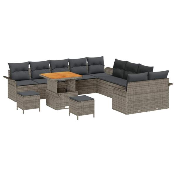 13-teiliges Garten Sofa Set mit Kissen Grau Poly Rattan Akazie, 2-Sitzer Garten Sofa mit Stauraum & Kissen Grau Poly Rattan, 3-teiliges Garten Esszimmer Set mit Kissen Grau Poly Rattan Akazie