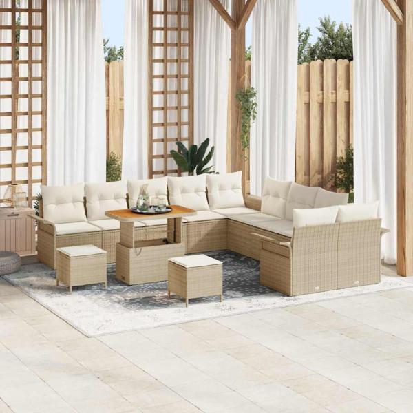 ARDEBO.de - 13-teilige Garten-Sofa-Set mit Kissen Beige Poly Rattan Akazie, 2-Sitzer Garten-Sofa mit Stauraum & Kissen Beige Poly Rattan, 3-teilige Garten-Essgruppe mit Kissen Beige Poly Rattan Akazie