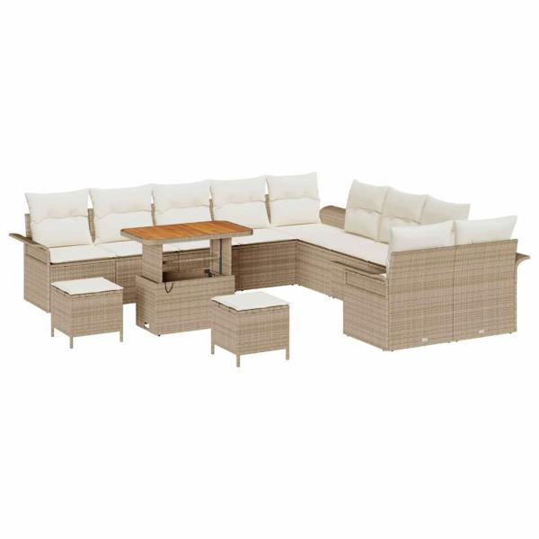 13-teilige Garten-Sofa-Set mit Kissen Beige Poly Rattan Akazie, 2-Sitzer Garten-Sofa mit Stauraum & Kissen Beige Poly Rattan, 3-teilige Garten-Essgruppe mit Kissen Beige Poly Rattan Akazie