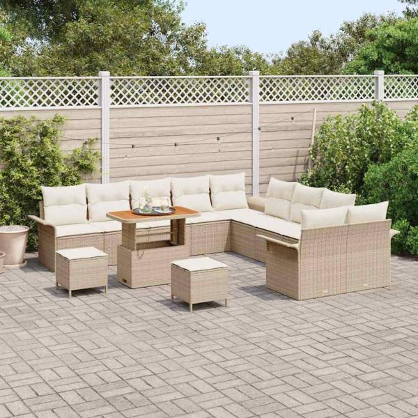 13-teilige Garten-Sofa-Set mit Kissen Beige Poly Rattan Akazie, 2-Sitzer Garten-Sofa mit Stauraum & Kissen Beige Poly Rattan, 3-teilige Garten-Essgruppe mit Kissen Beige Poly Rattan Akazie