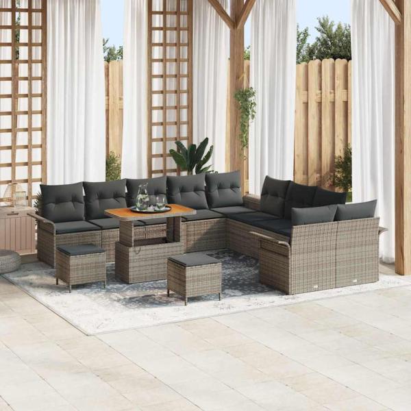 ARDEBO.de - 13-teiliges Garten-Sofa-Set mit Kissen Grau Poly Rattan Akazie, 2-Sitzer Garten-Sofa mit Stauraum & Kissen Grau Poly Rattan, 3-teiliges Garten-Essset mit Kissen Grau Poly Rattan Akazie