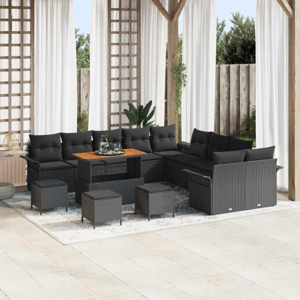 ARDEBO.de - 14-teiliges Garten-Sofa-Set mit Kissen Schwarz Poly-Rattan Akazie, 2-Sitzer Garten-Sofa mit Stauraum & Kissen Schwarz Poly-Rattan, 4-teiliges Garten-Dining-Set mit Kissen Schwarz Poly-Rattan Akazie