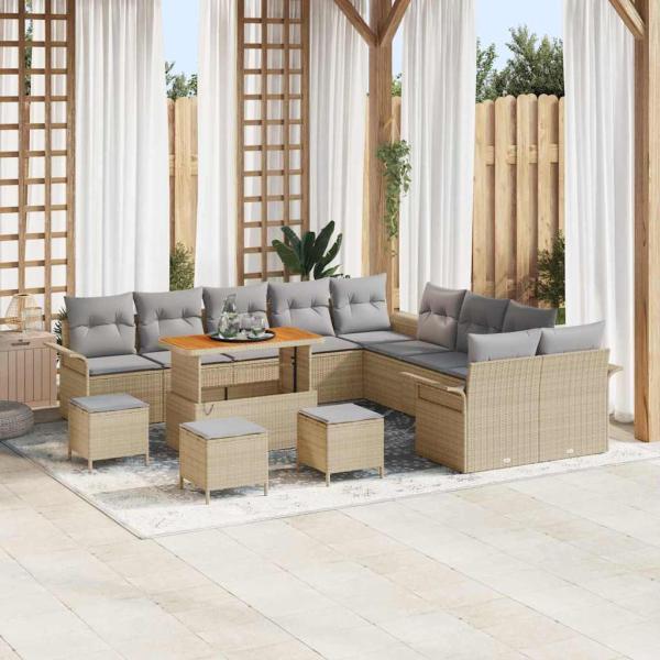 ARDEBO.de - 14-teiliges Garten Sofa Set mit Kissen Beige Poly Rattan Akazie, 2-Sitzer Garten Sofa mit Stauraum & Kissen Beige Poly Rattan, 4-teiliges Garten Essset mit Kissen Beige Poly Rattan Akazie