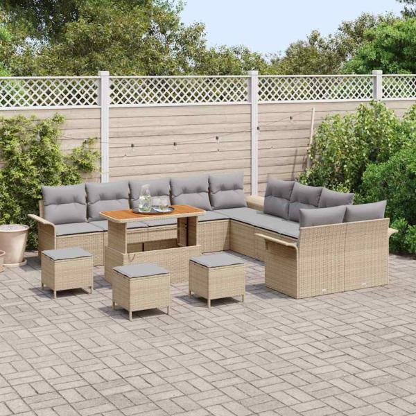14-teiliges Garten Sofa Set mit Kissen Beige Poly Rattan Akazie, 2-Sitzer Garten Sofa mit Stauraum & Kissen Beige Poly Rattan, 4-teiliges Garten Essset mit Kissen Beige Poly Rattan Akazie