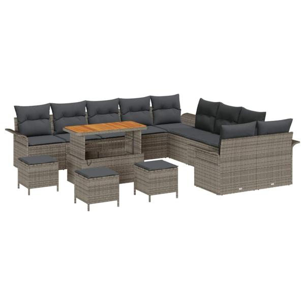 14-teiliges Garten-Sofa-Set mit Kissen Grau Poly-Rattan Akazie, 2-Sitzer Garten-Sofa mit Stauraum & Kissen Grau Poly-Rattan, 4-teiliges Garten-Dining-Set mit Kissen Grau Poly-Rattan Akazie