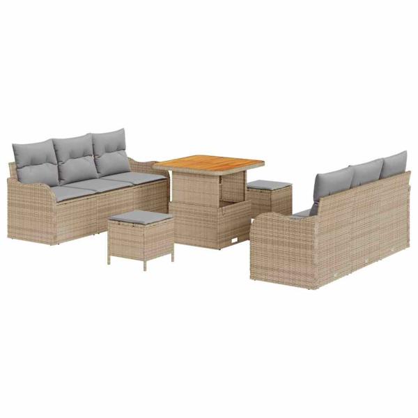 9-teiliges Garten Sofa Set mit Kissen Beige Poly Rattan Akazie, 2-Sitzer Garten Sofa mit Stauraum & Kissen Beige Poly Rattan, 3-teiliges Garten Essset mit Kissen Beige Poly Rattan Akazie