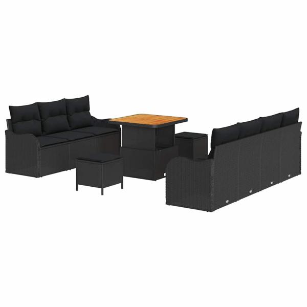 10-teiliges Garten Sofa Set mit Kissen Schwarzes Poly Rattan Akazie, 2-Sitzer Garten Sofa mit Stauraum & Kissen Schwarzes Poly Rattan, 3-teiliges Garten Esstisch Set mit Kissen Schwarzes Poly Rattan Akazie