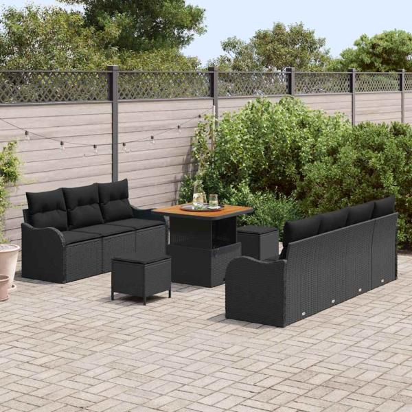 10-teiliges Garten Sofa Set mit Kissen Schwarzes Poly Rattan Akazie, 2-Sitzer Garten Sofa mit Stauraum & Kissen Schwarzes Poly Rattan, 3-teiliges Garten Esstisch Set mit Kissen Schwarzes Poly Rattan Akazie