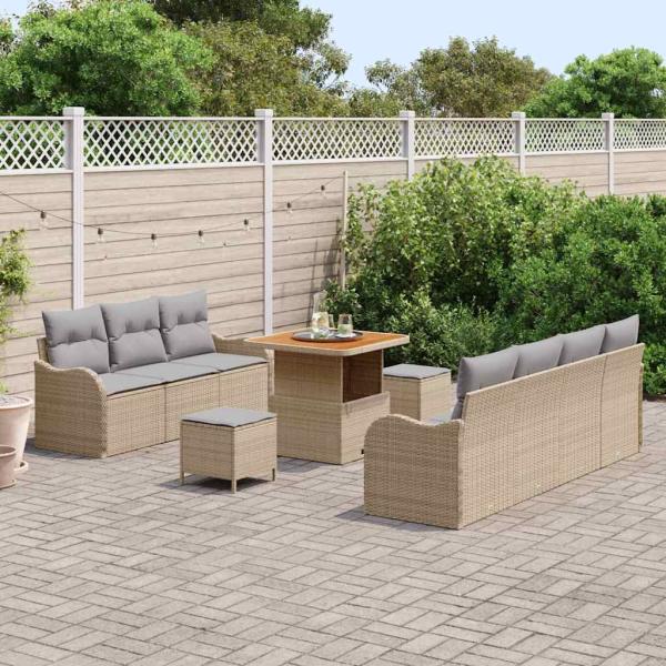 10-teiliges Garten-Sofa-Set mit Kissen Beige Poly Rattan Akazie, 2-Sitzer Garten-Sofa mit Stauraum & Kissen Beige Poly Rattan, 3-teiliges Garten-Dining-Set mit Kissen Beige Poly Rattan Akazie
