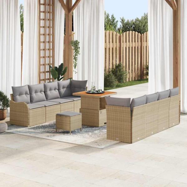 ARDEBO.de - 11-teiliges Garten Sofa Set mit Kissen Beigefarben Poly Rattan Akazie, 2-Sitzer Garten Sofa mit Stauraum & Kissen Beigefarben Poly Rattan, 3-teiliges Garten Essset mit Kissen Beigefarben Poly Rattan Akazie