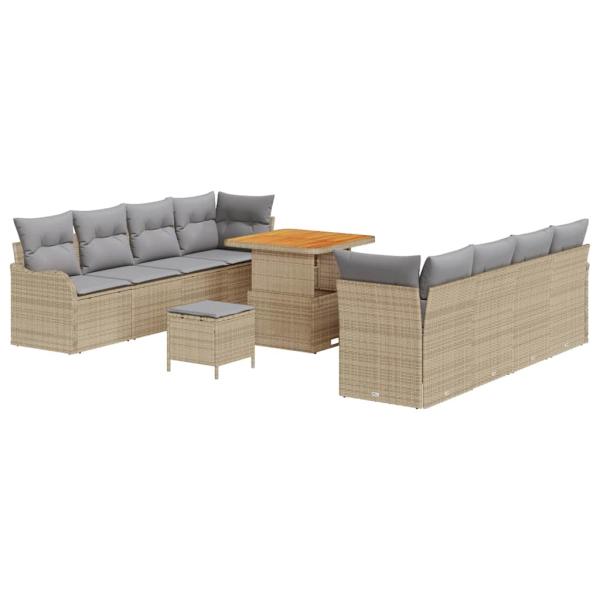 11-teiliges Garten Sofa Set mit Kissen Beigefarben Poly Rattan Akazie, 2-Sitzer Garten Sofa mit Stauraum & Kissen Beigefarben Poly Rattan, 3-teiliges Garten Essset mit Kissen Beigefarben Poly Rattan Akazie