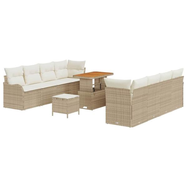 11-teiliges Garten Sofa Set mit Kissen Beige Poly Rattan Akazie, 2-Sitzer Garten Sofa mit Stauraum & Kissen Beige Poly Rattan, 3-teiliges Garten Essset mit Kissen Beige Poly Rattan Akazie